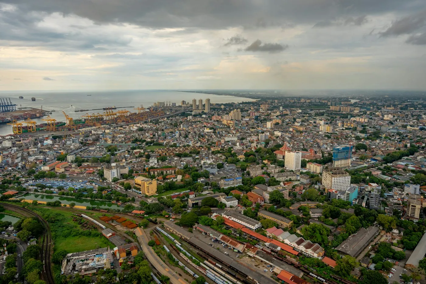 The port of Colombo and the city spreading inland, seen from above